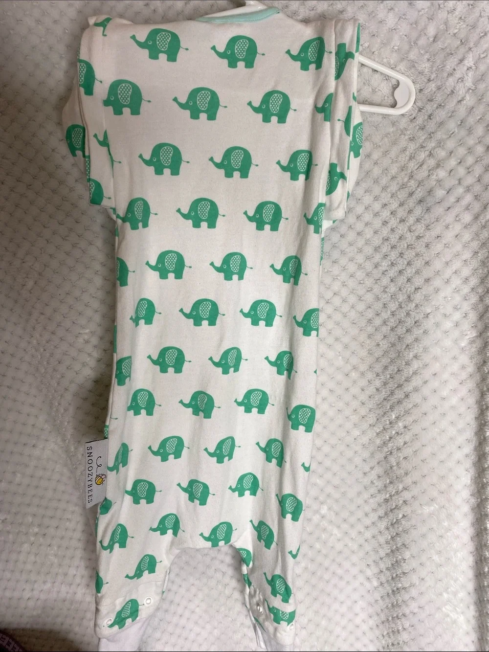 SnoozyBees White Baby One Piece with Mint Green Elephant Print